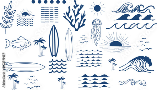 Indigo blue nautical pattern waves coral and ocean life