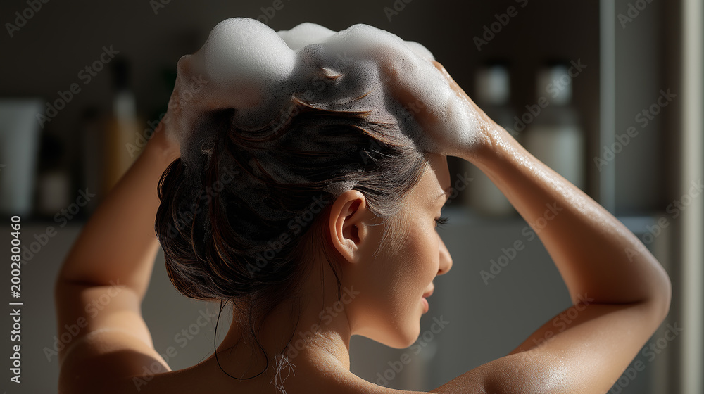 Naklejka premium Woman Washing Hair with Shampoo Foam in Shower Close Up Hair Care Hygiene and Beauty Routine Concept