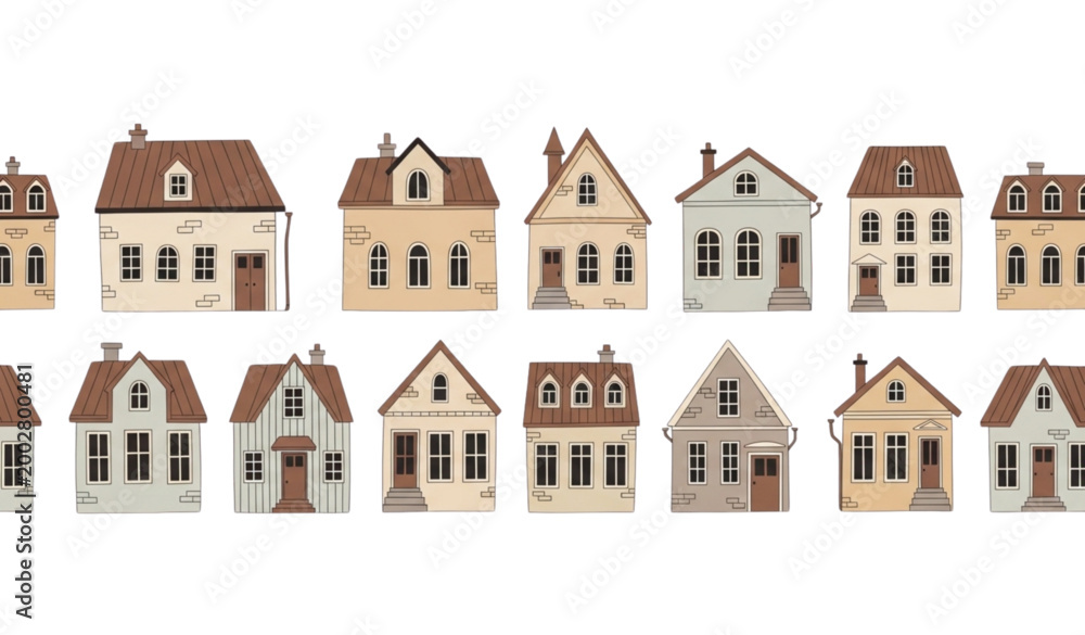 Naklejka premium Cute cosy town houses seamless pattern European Scandi street flat vector design