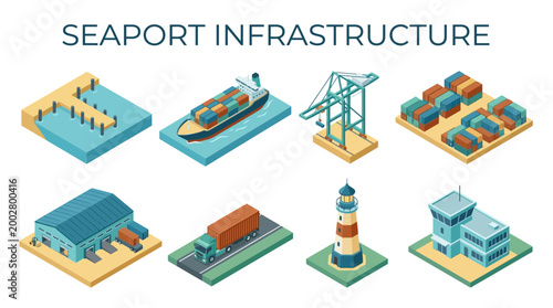 Seaport Infrastructure with Cargo Ship Crane Containers Warehouse Lighthouse and Control Tower