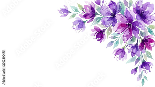 Beautiful purple watercolor floral corner arrangement isolated on transparent background for wedding design