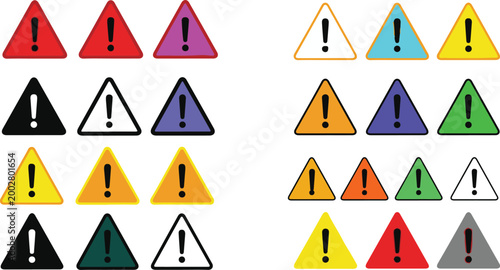 Colorful triangular warning signs with exclamation marks on white background