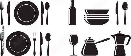 Kitchen utensils and dishes on white background black