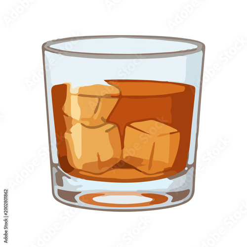 Glass of whiskey with ice cubes illustration isolated on white