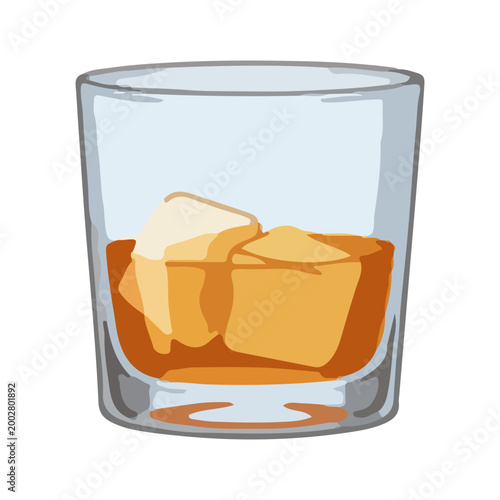 Whiskey on the Rocks Illustration in a Glass with Ice