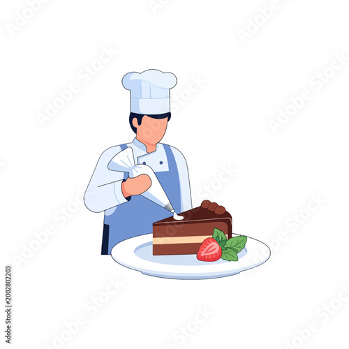 A professional chef decorating a slice of chocolate cake with cream frosting