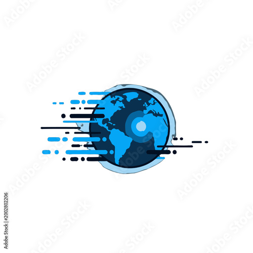 A stylized graphic illustration of a blue planet with motion speed lines