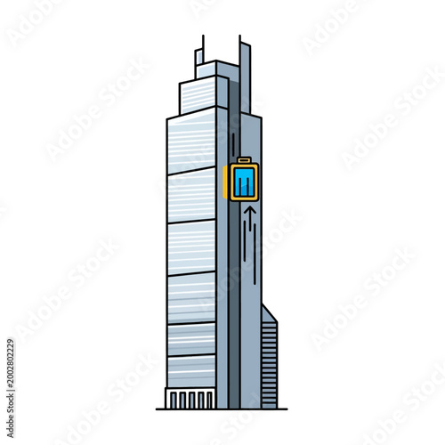 A modern skyscraper with an external glass elevator moving up the side of the building