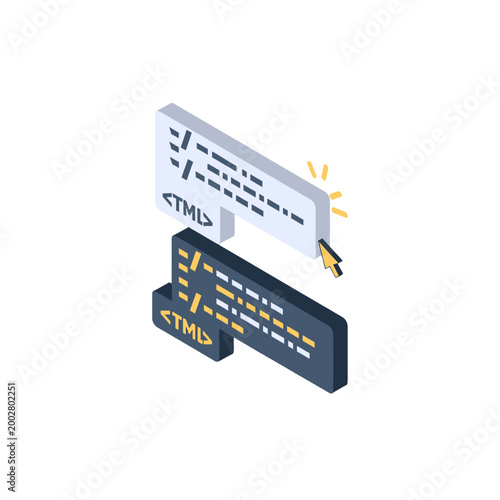 An isometric illustration showing digital code blocks and a computer cursor