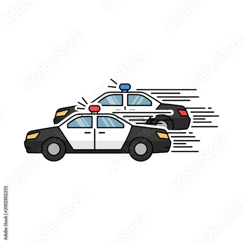 Two police patrol cars driving fast on a road with motion lines shown