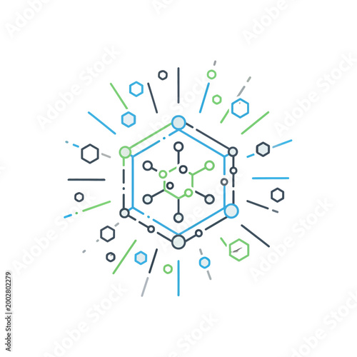 A digital illustration of a complex molecular structure with geometric shapes