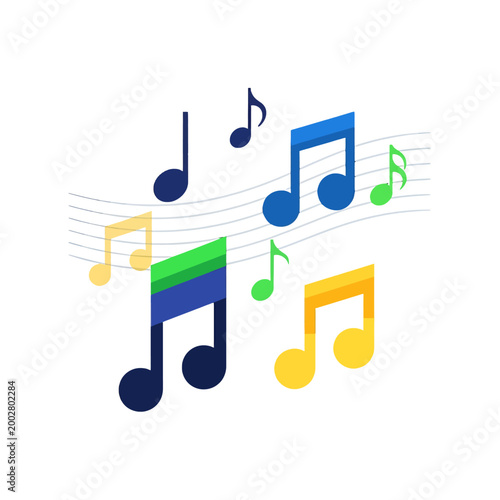 Colorful musical notes floating on a staff representing a creative melody
