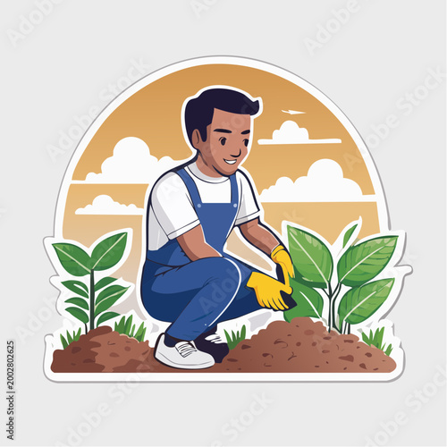 Gardener planting seedlings in soil with gloves and overalls