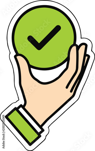 Hand holding green circle with check mark flat vector illustration