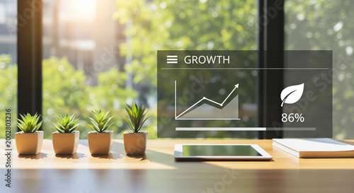 “Business growth concept with rising graph on digital screen, small plants in pots on wooden desk, financial success, eco growth, sustainability, startup progress background”