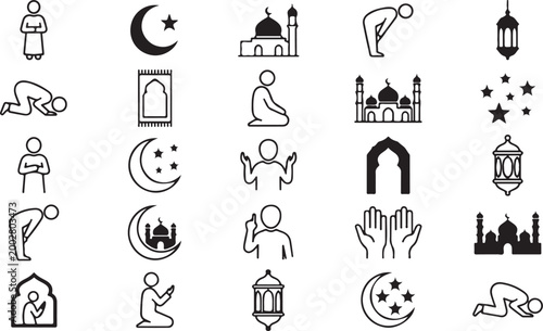 Islamic Prayer Icons Set, Muslim Salah Positions, Mosque, Ramadan Eid Symbols, Black Outline Vector Collection