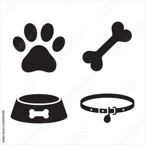 Photos Pet supplies icon set, Dog paw bone bowl and collar icon set vector illustration