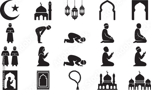 Islamic Prayer Arch Silhouette Icons Set, Muslim Salah Positions, Ramadan Eid Mosque Crescent Lantern Vector Collection