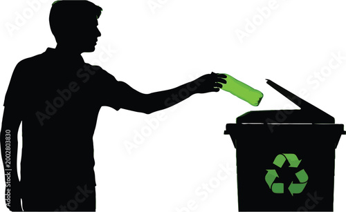 Silhouette of a man disposing of a green bottle into a recycling bin highlights the importance of environmental sustainability.