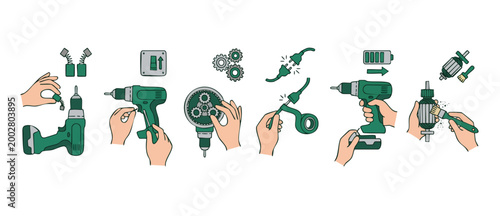 Power Drill Repair Maintenance Guide, Professional Electric Tool Service Process, Step by Step Instruction Manual for DIY Home Improvement, Technical Assembly and Parts Cleaning Illustration Set