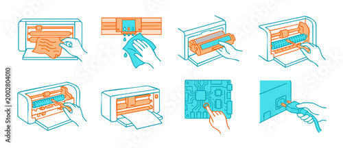 Printer Maintenance and Repair Icons Set, Professional Technical Support Steps, Troubleshooting Office Equipment Hardware and Device Cleaning Procedures for Manual Instruction Guides and Service Graph