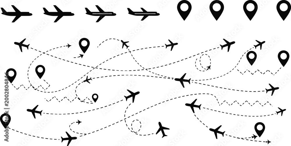 Fototapeta premium Airplane and Location Markers Vector Set Featuring Flight Paths, Airplanes, and Travel Icons