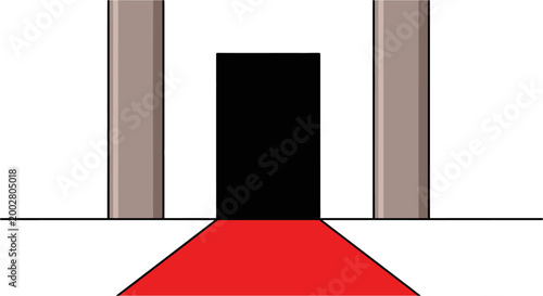 A red carpet leading to a dark doorway framed by two brown pillars.