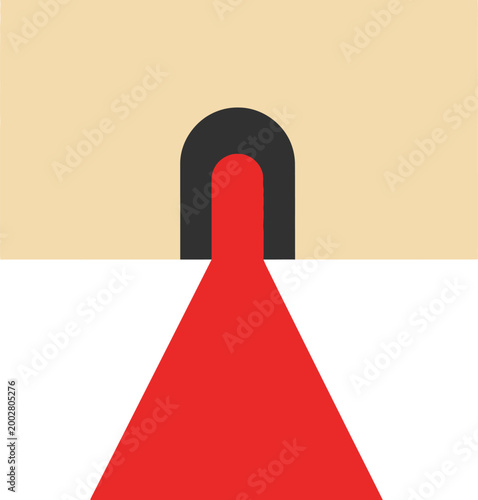 A minimalist graphic illustration of a red carpet leading into a dark arched doorway against a beige wall and white floor.