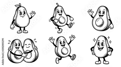This cheerful image presents happy avocado characters engaging in various joyful activities, appealing to food enthusiasts and health-conscious audiences alike.