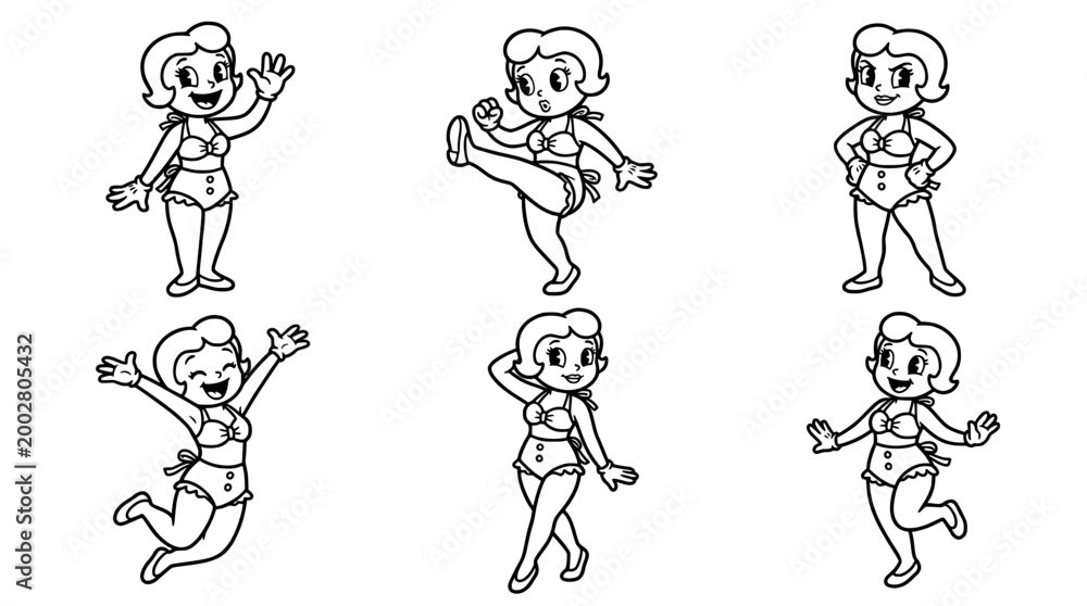 Fototapeta premium This image features a charming collection of retro cartoon characters wearing stylish swimwear, showcasing playful poses that capture joy and nostalgia in a fun, lively manner.