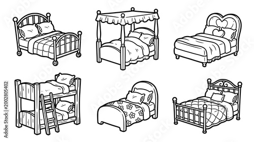 This image showcases six distinct bed designs, including a crib, a four-poster, and a bunk bed, emphasizing diverse styles and comfort for varied preferences.