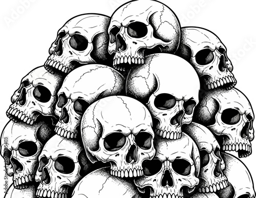 Vintage hand drawn skull pile vector illustration, gothic human bone mountain engraving, dark macabre skulls graphic for apparel and tattoo design
