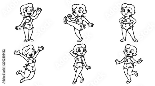 This image features a charming collection of retro cartoon characters wearing stylish swimwear, showcasing playful poses that capture joy and nostalgia in a fun, lively manner.