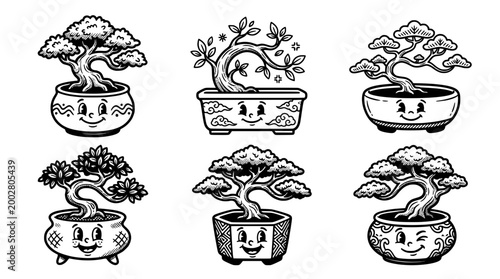 This delightful image showcases a variety of carefully crafted bonsai trees, each uniquely styled in decorative pots, representing tranquility and the art of nature's beauty.