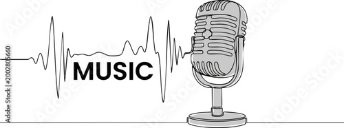 Continuous line art of vintage microphone with sound wave and music text, minimalist podcast vector illustration, retro radio broadcast equipment