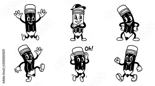 This delightful pencil character expresses various playful emotions through joyful gestures and charming expressions, making it appealing for educational content targeted at children.