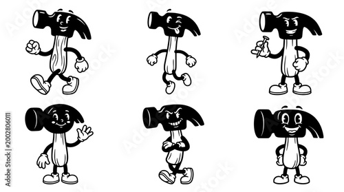 This image features a playful cartoon hammer character depicted in multiple fun poses, showcasing a range of emotions and expressions, highlighted by its anthropomorphic traits.