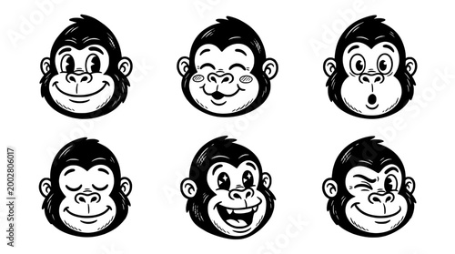 This delightful illustration depicts a variety of happy cartoon monkeys showcasing different cheerful expressions, representing joy, playfulness, and mischievousness in a unique style.