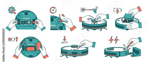 Robot Vacuum Cleaner Maintenance Guide, Repair and Cleaning Steps, Technical Instruction Icons Set, Flat Vector Illustration Showing Manual Servicing, Battery Replacement, Sensor Care, and Home Device