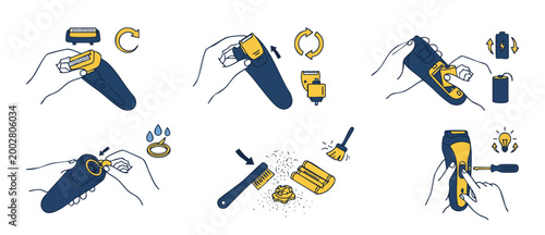 Electric Shaver Maintenance Instructions Steps for Grooming Tool Repair and Cleaning. Infographic illustration showing battery replacement, blade attachment, wet cleaning, and basic troubleshooting ma