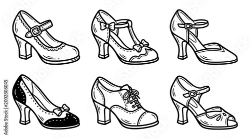 Explore six elegant and stylish shoe designs, highlighting various styles that showcase femininity and fashion, perfect for women’s fashion illustrations or concepts.