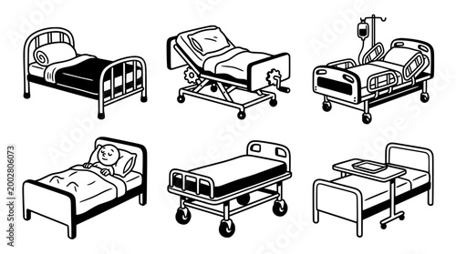 This image showcases six diverse hospital beds, each designed for various medical uses, representing healthcare, comfort, and therapeutic environments for patients.