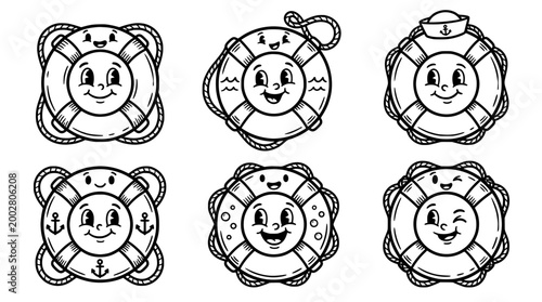 This cartoon image features charming life buoys with friendly faces, promoting water safety and fun while enhancing a playful atmosphere at pools or beaches.