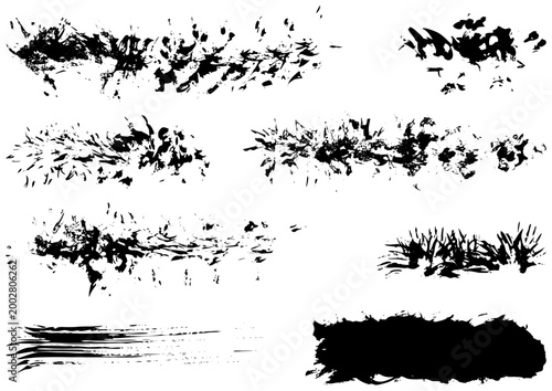 Manual calligraphy brush stippling marks. Hand-painted end-brushing ink textures and artistic splatter spots. Zen style oriental brush marks for minimalist fine art design.