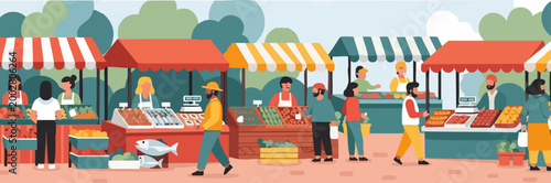 Outdoor farmers market with people shopping at food stalls, local street fair with fresh produce and fish, flat vector illustration of community bazaar