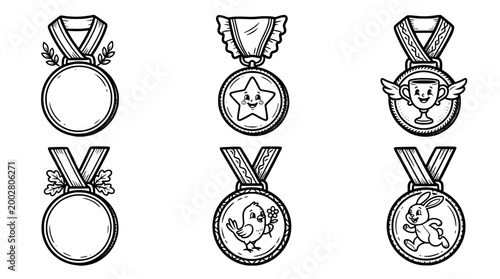 This charming image displays a variety of festive cartoon medals showcasing different designs and expressions, symbolizing achievements and awards in a fun manner.