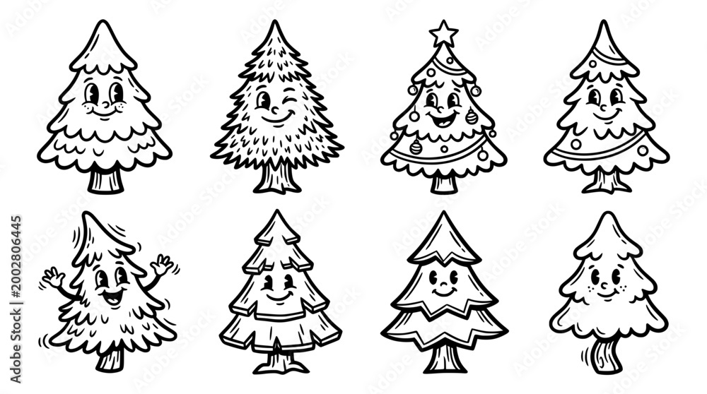 Obraz premium This delightful collection showcases charming cartoon Christmas trees with smiling faces, embodying the festive spirit and joy of the holiday season.