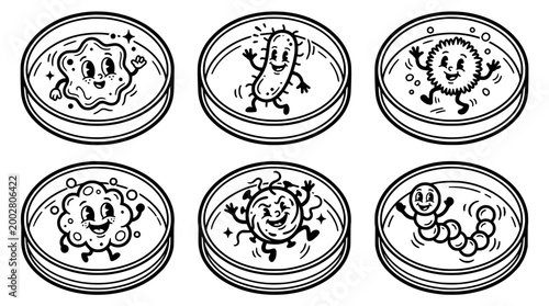 This humorous illustration depicts an array of cute and cheerful cartoon microbes and bacteria in petri dishes, presenting a lighthearted take on microscopic life and science.