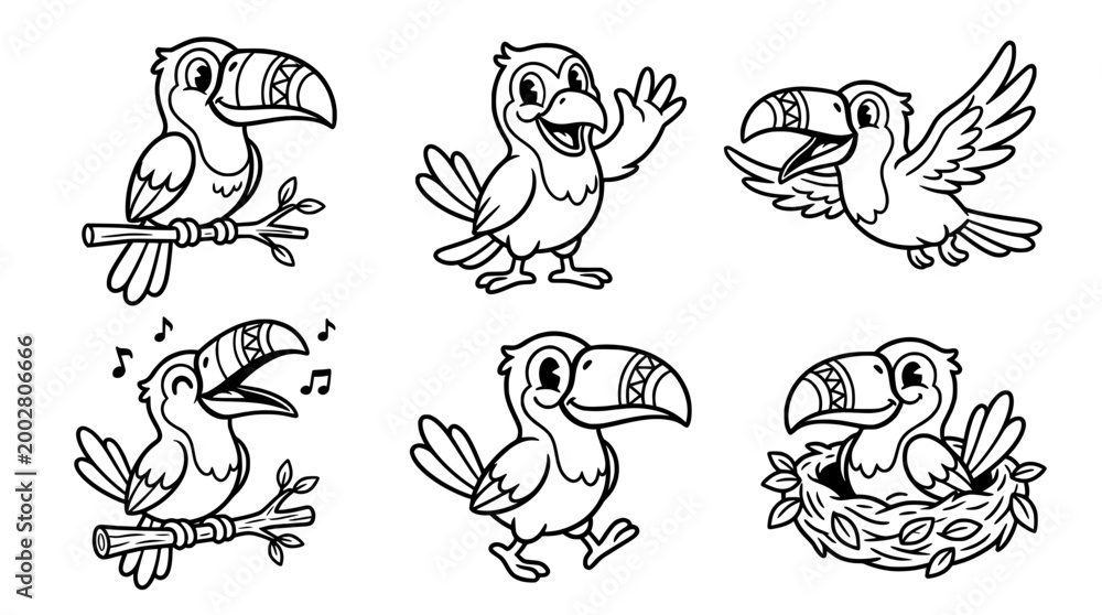 Naklejka premium This charming image features vibrant toucan characters in playful poses, making it perfect for tropical-themed content, children's materials, or joyful branding representations and illustrations.