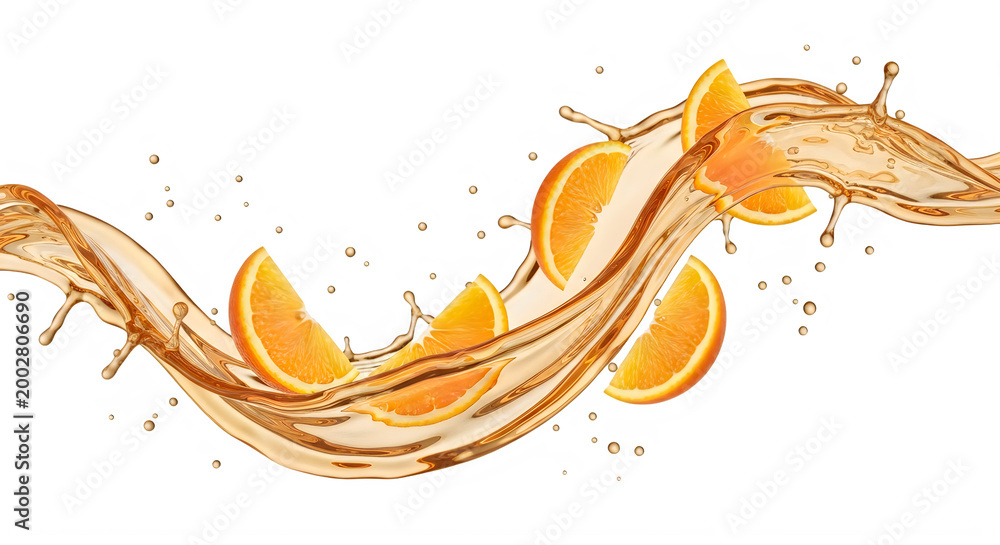 Fototapeta premium Orange juice splash with fruit slices isolated on transparent background